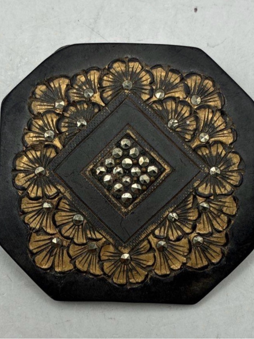 Antique Black and Gold Floral Brooch